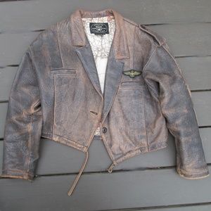 Vintage Avirex Brown Distressed Leather Bomber Jacket Cropped Patches Medium